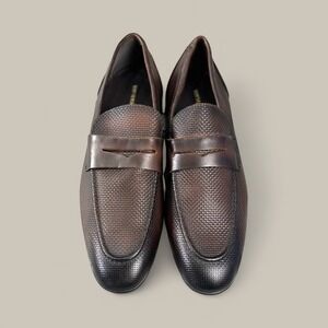 Vittorio Russo Men's‎ Brown Leather Woven Texture Dress Loafer Shoes Size 10.5